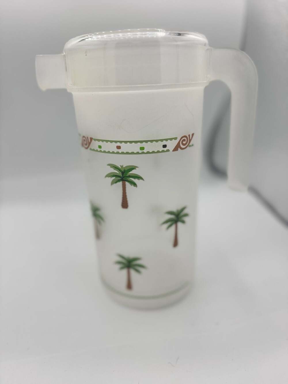 Precisioncraft Vintage Acrylic  Pitcher With Lid Palm Tree Design Made in Canada